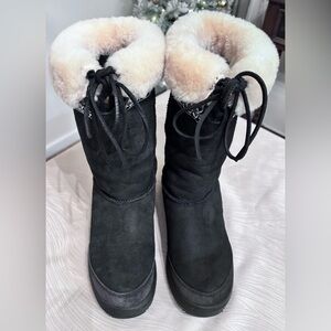 UGG Black Suede Boots with Cream Fur Trim